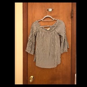 Gray and white striped cold shoulder top